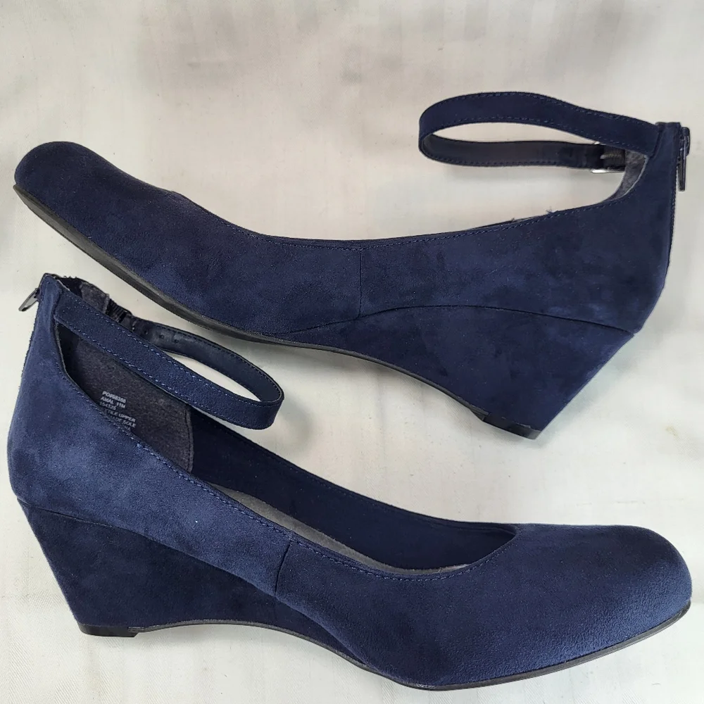 It's Ok Amal Blue SHOES Womens Size 11 Wedge Heels Strapped Ankle Zip Closed Toe